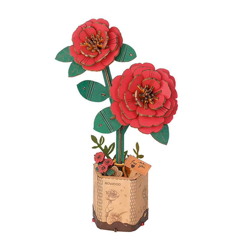 Rowood Red Camellia DIY 3D Wooden Flower Puzzle