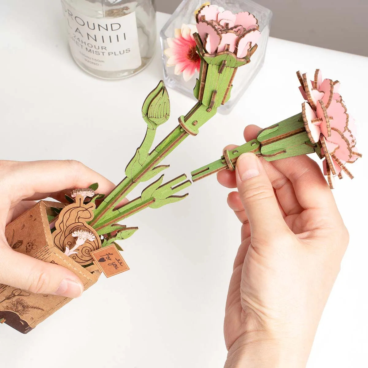 Rowood Pink Carnation DIY 3D Wooden Flower Puzzle