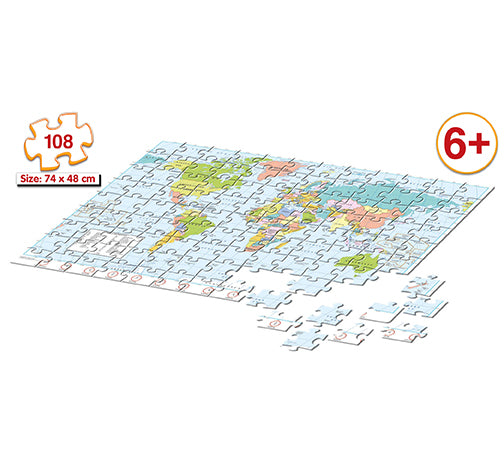 FRANK Puzzle | World Map (108 pcs) | Fun Geography Puzzle for Kids 6+