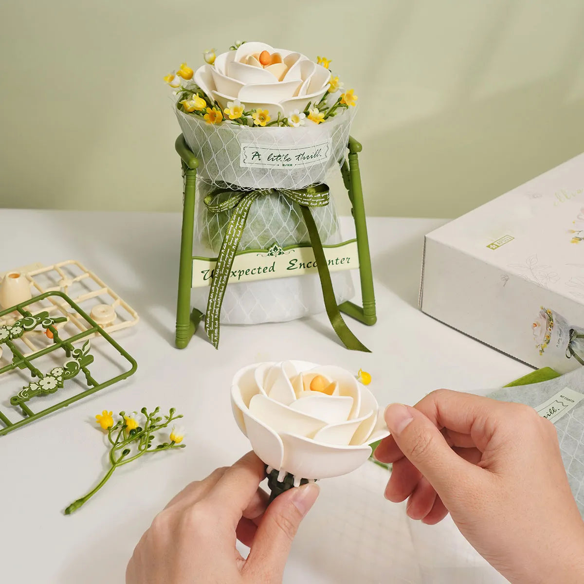 ROKR White Camellia DIY 3D Wooden Flower Puzzle