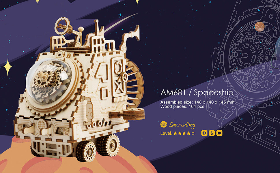 Robotime Space Vehicle Music Box | Wooden Model Kit | DIY Mechanical Music Box