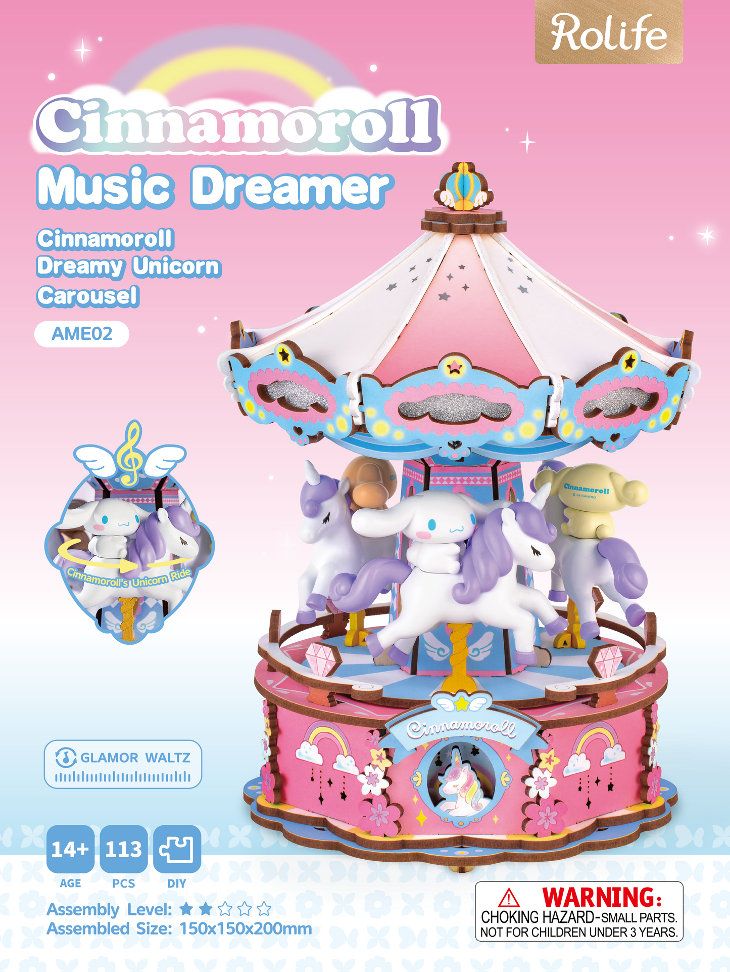 Rolife Cinnamoroll Dreamy Unicorn Carousel DIY Wooden Music Box Kit