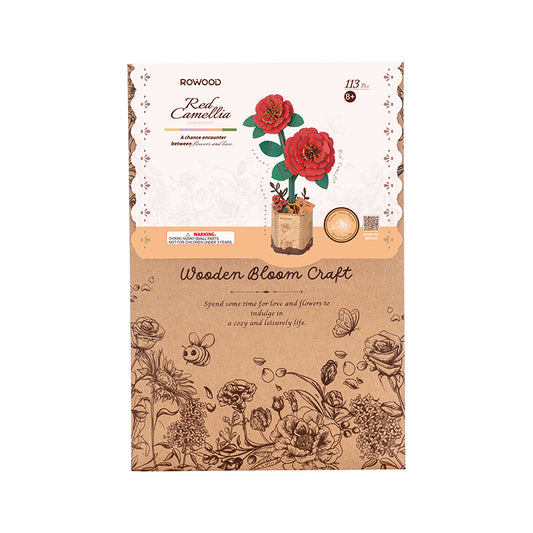 Rowood Red Camellia DIY 3D Wooden Flower Puzzle