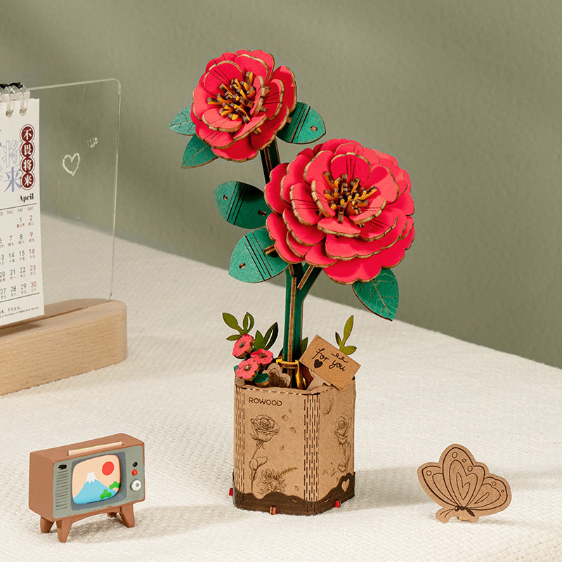 Rowood Red Camellia DIY 3D Wooden Flower Puzzle