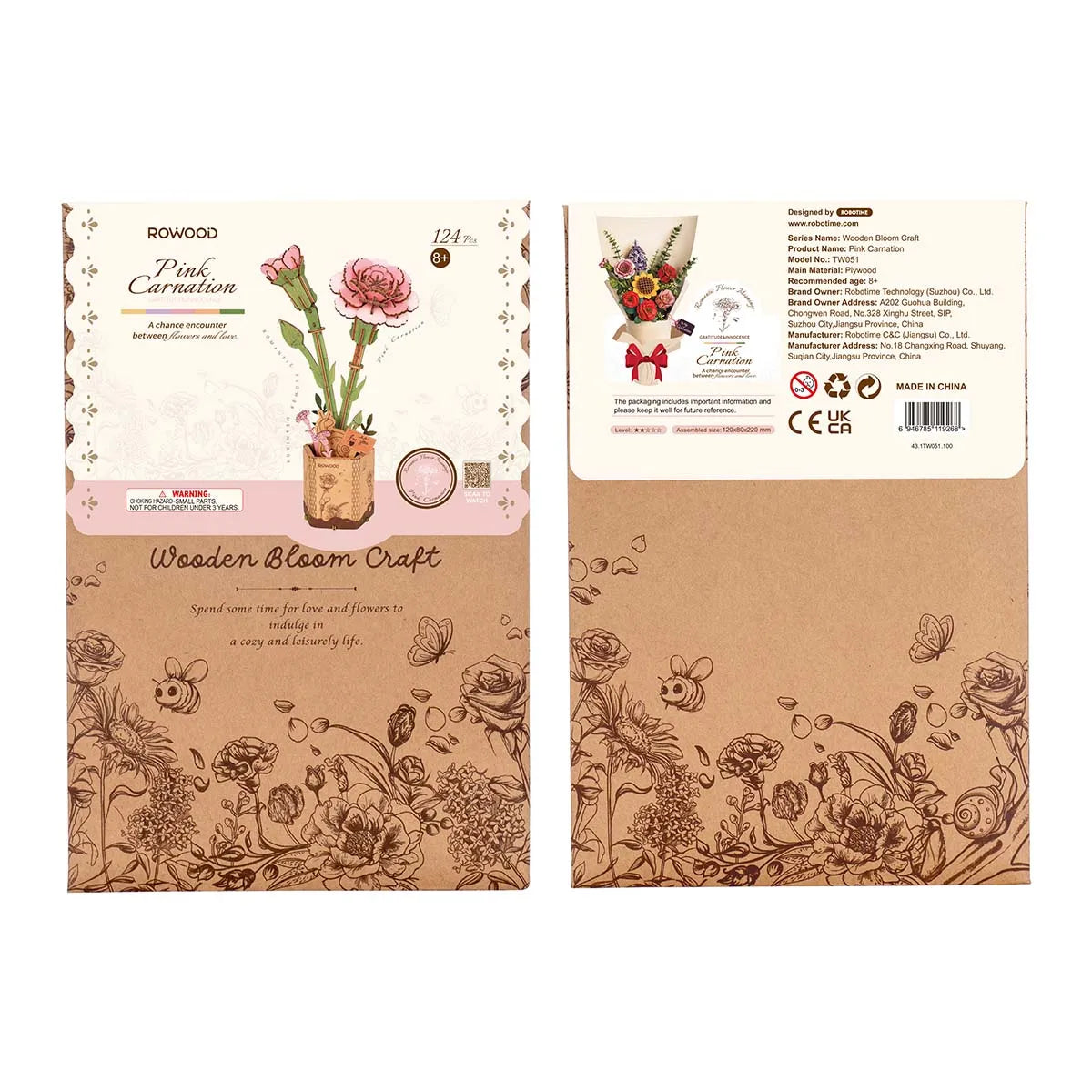 Rowood Pink Carnation DIY 3D Wooden Flower Puzzle