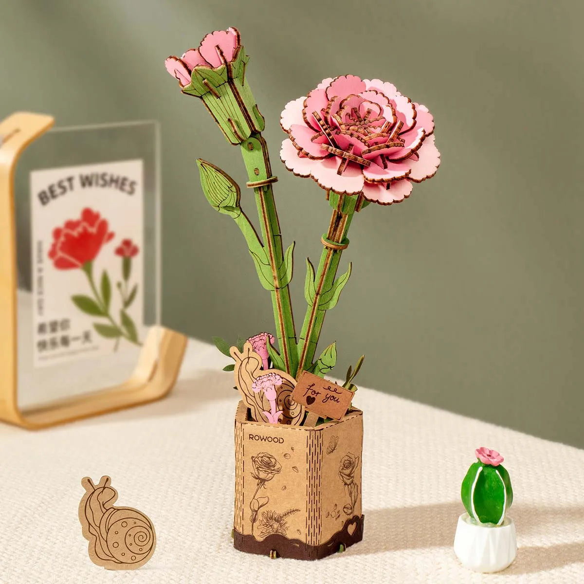 Rowood Pink Carnation DIY 3D Wooden Flower Puzzle