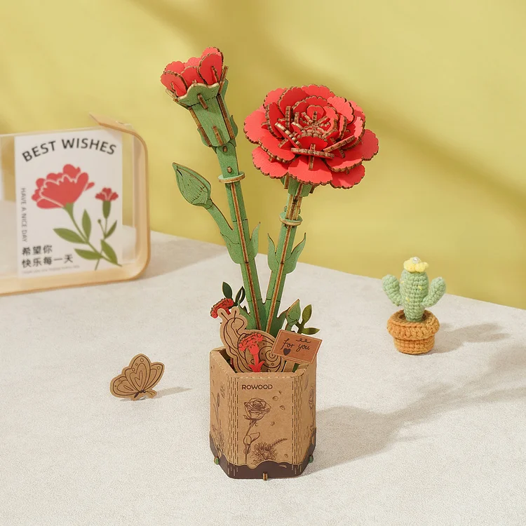 Rowood Red Carnation DIY 3D Wooden Flower Puzzle