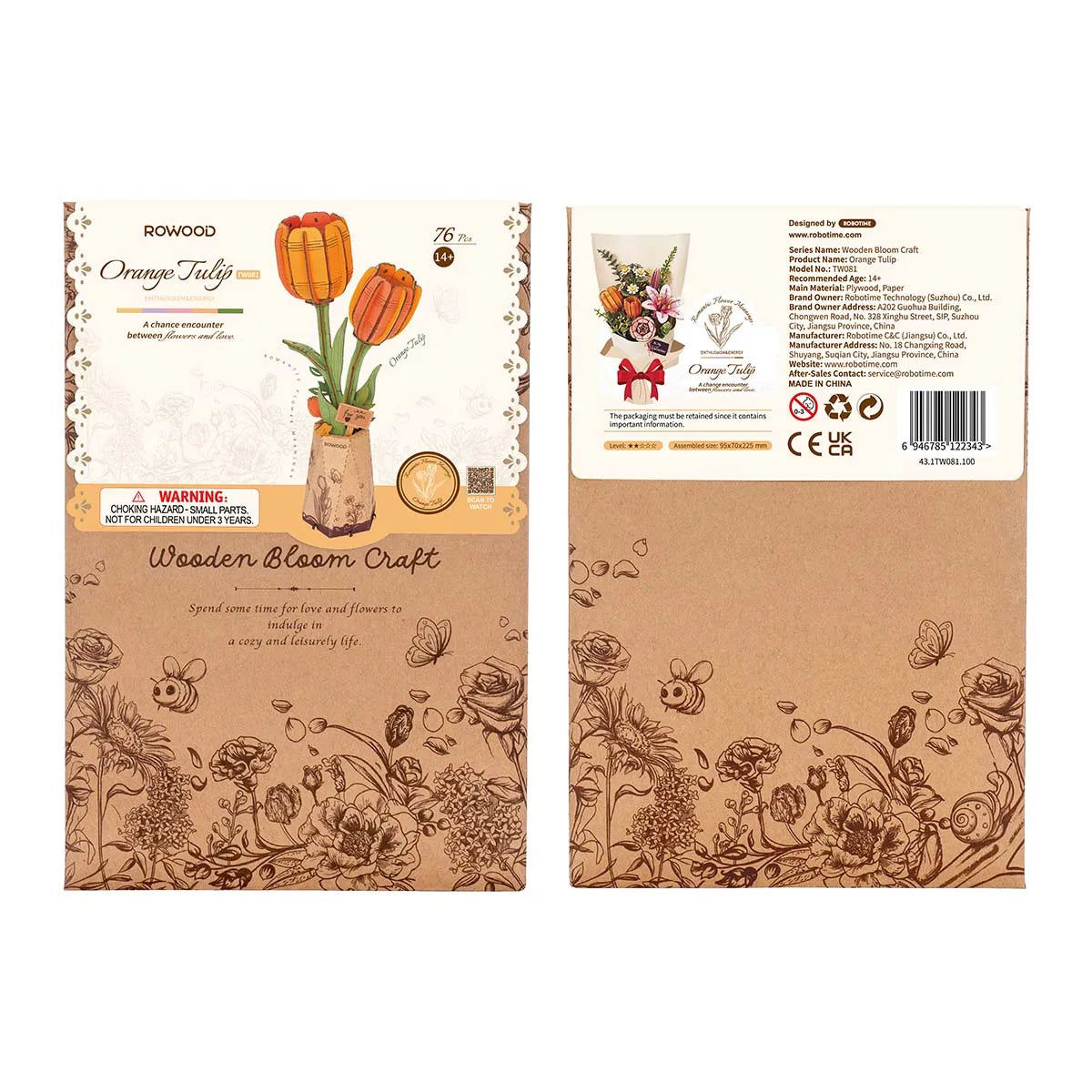 Rowood Orange Tulip DIY 3D Wooden Flower Puzzle